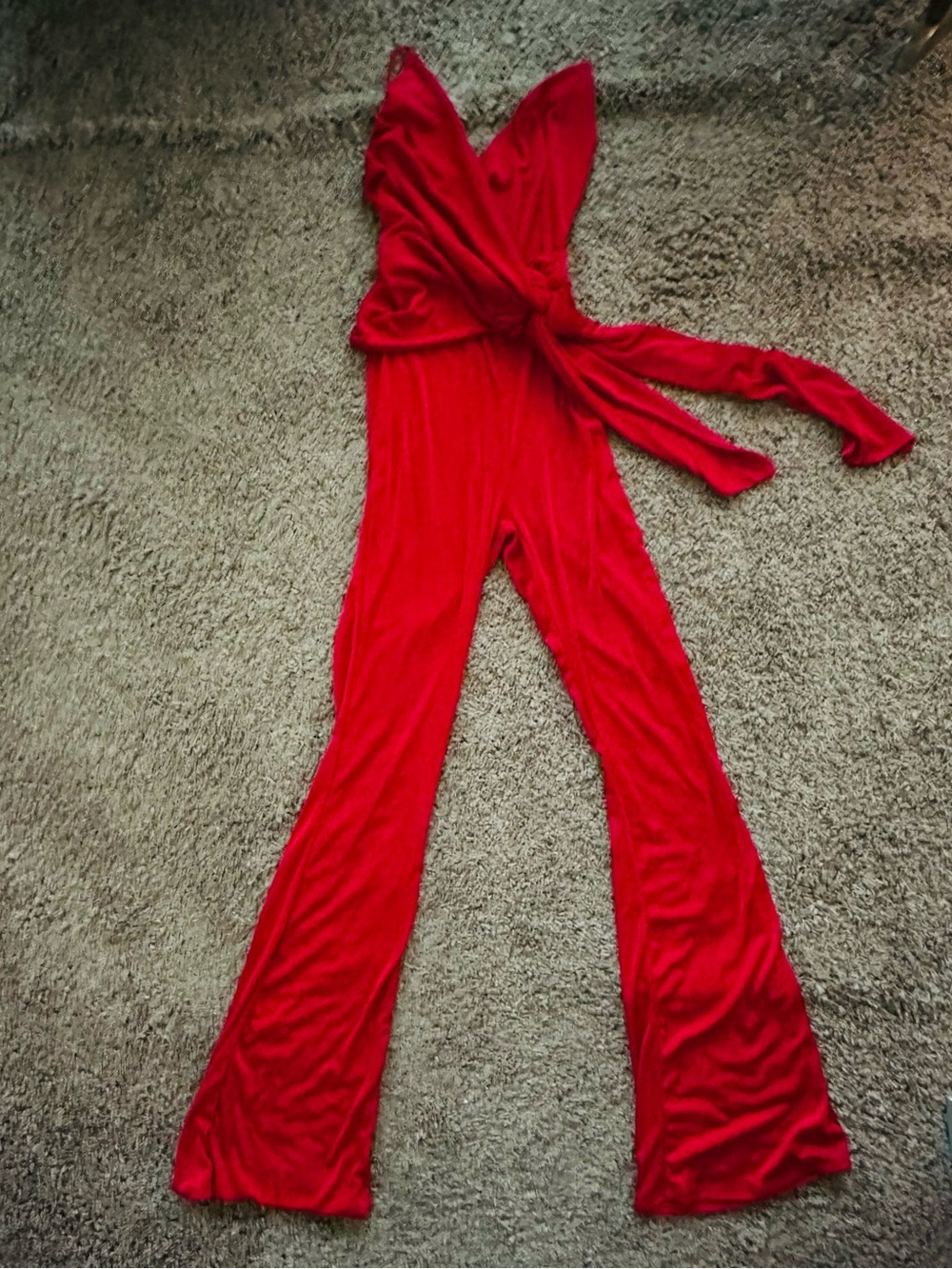 Red Wrap-Front Jumpsuit - Women's V-Neck Wide-Leg